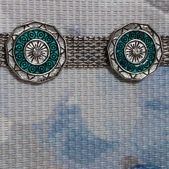 Antique Silver Tone Chain Bracelet Green Silver - Picture 8 of 8